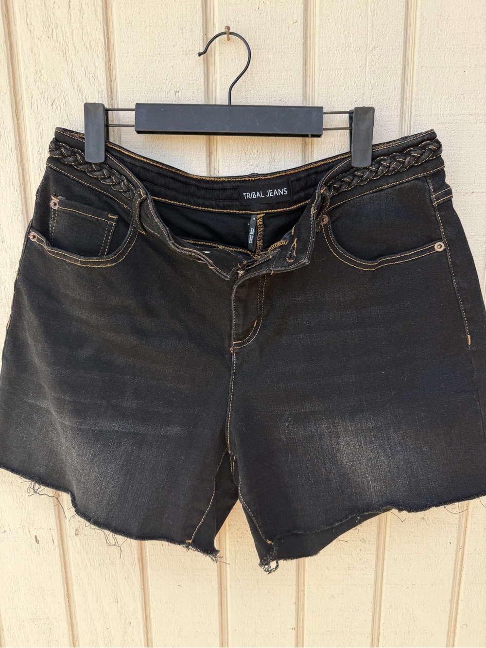 Tribal Black Braided Waist Denim Shorts